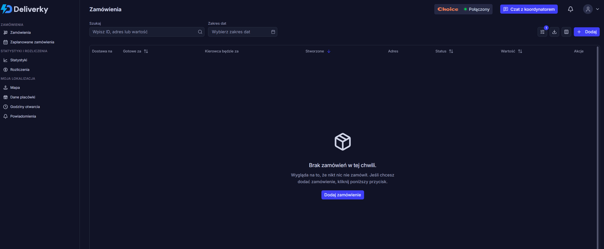 Dashboard Deliverky z czatem do koordynatora